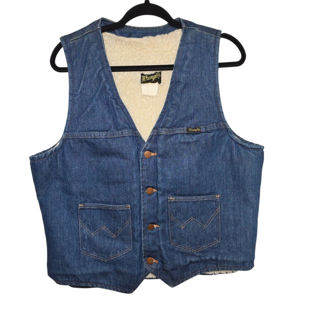 Vintage Wrangler Denim Vest Sherpa Lined Cowboy Western Rodeo Size Med Pristine